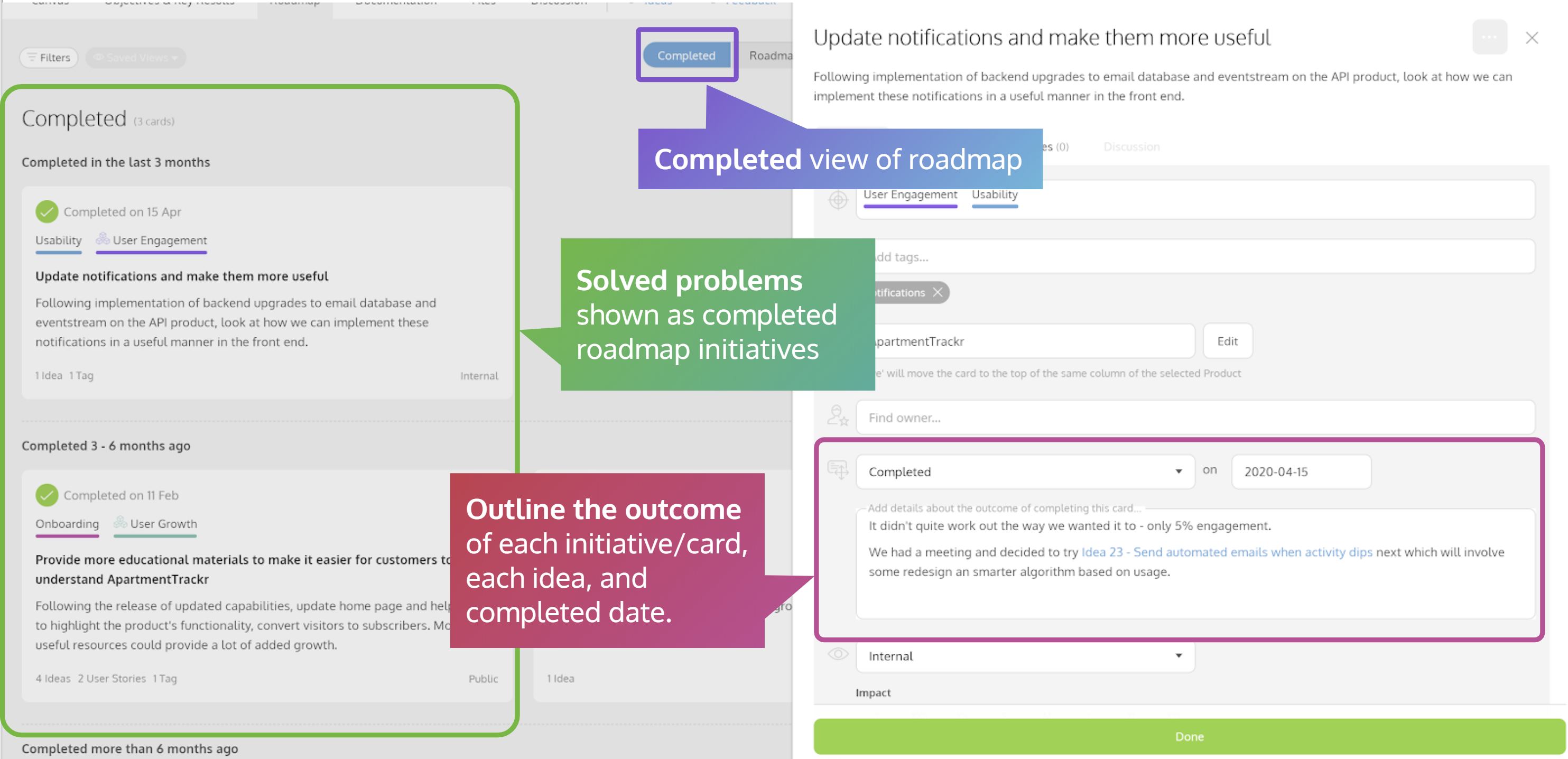 Completed roadmap view in ProdPad