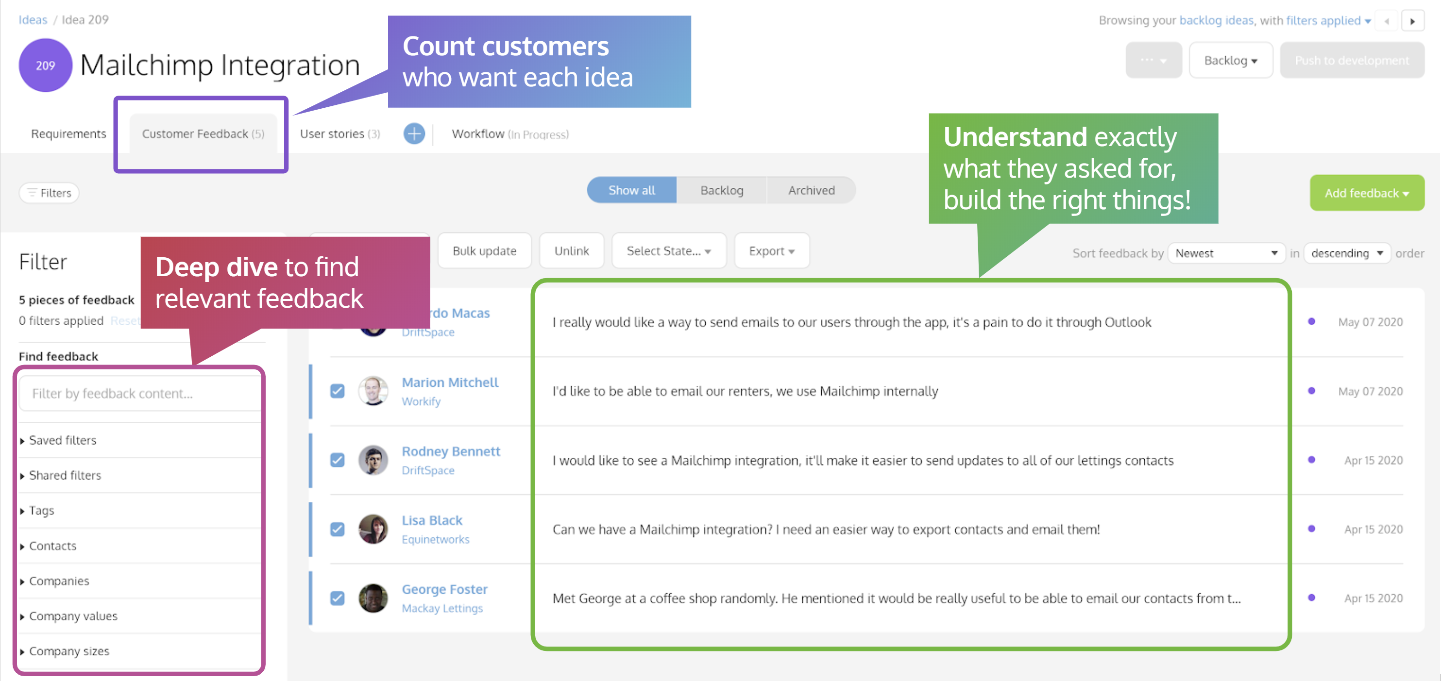 Customer feedback attached to an Idea in ProdPad