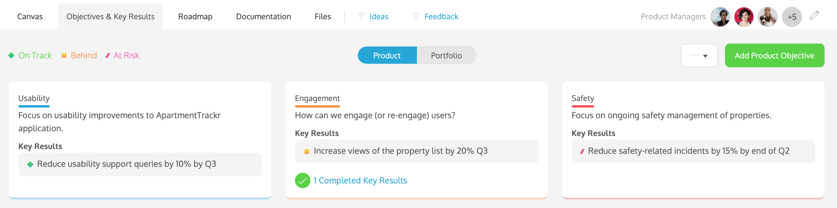 Key Results in ProdPad track against your Objectives and your roadmap Initiatives